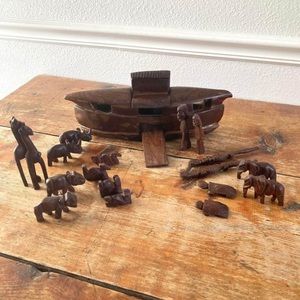 Vintage Teak Wood Carved Noah’s Ark & Animals Set
